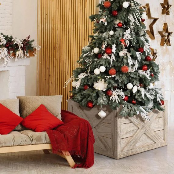 Wooden Christmas Tree Collar Box, Rustic Holiday Tree Skirt Alternative